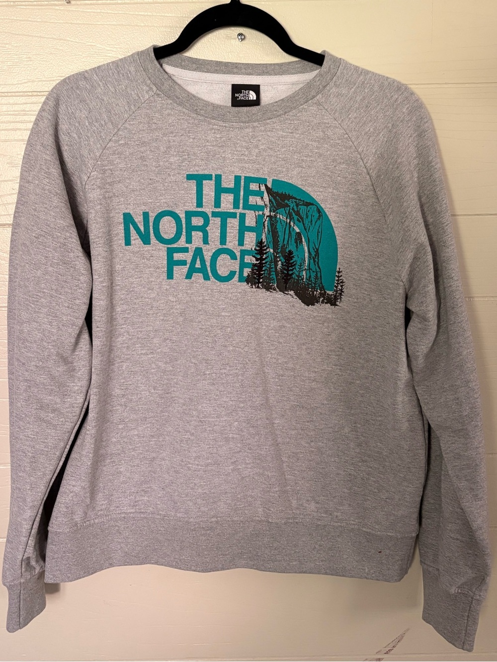 The North Face Women Gray Crewneck Sweatshirt Teal Graphic Mountain Trees M
